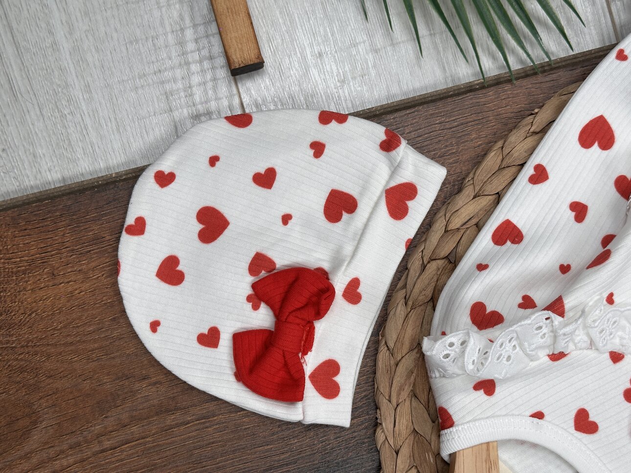 Pamuklu Kalp Desenli 3lü Kız Bebek Takım