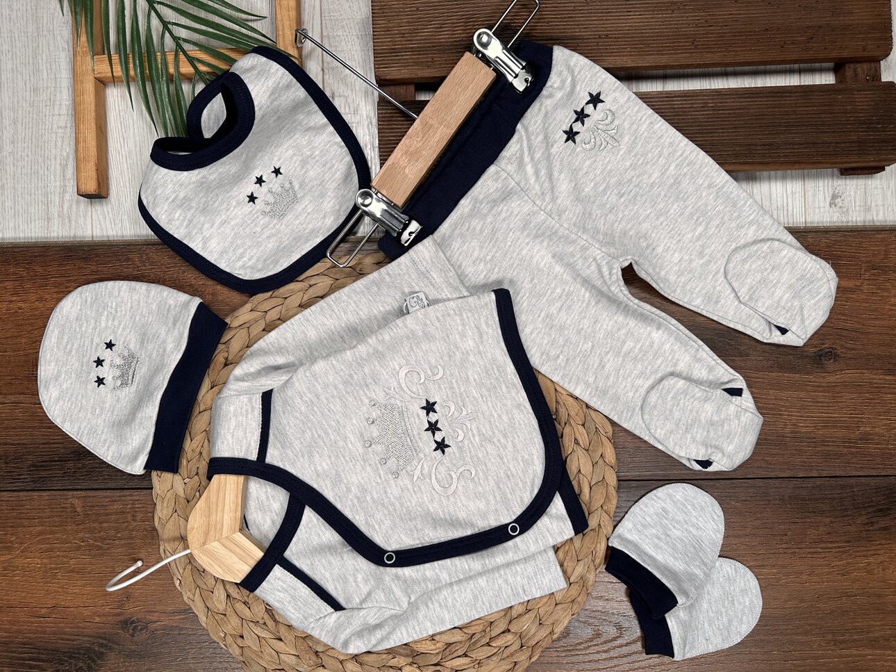 Pamuklu Taç Desenli 5li Erkek Bebek Takım