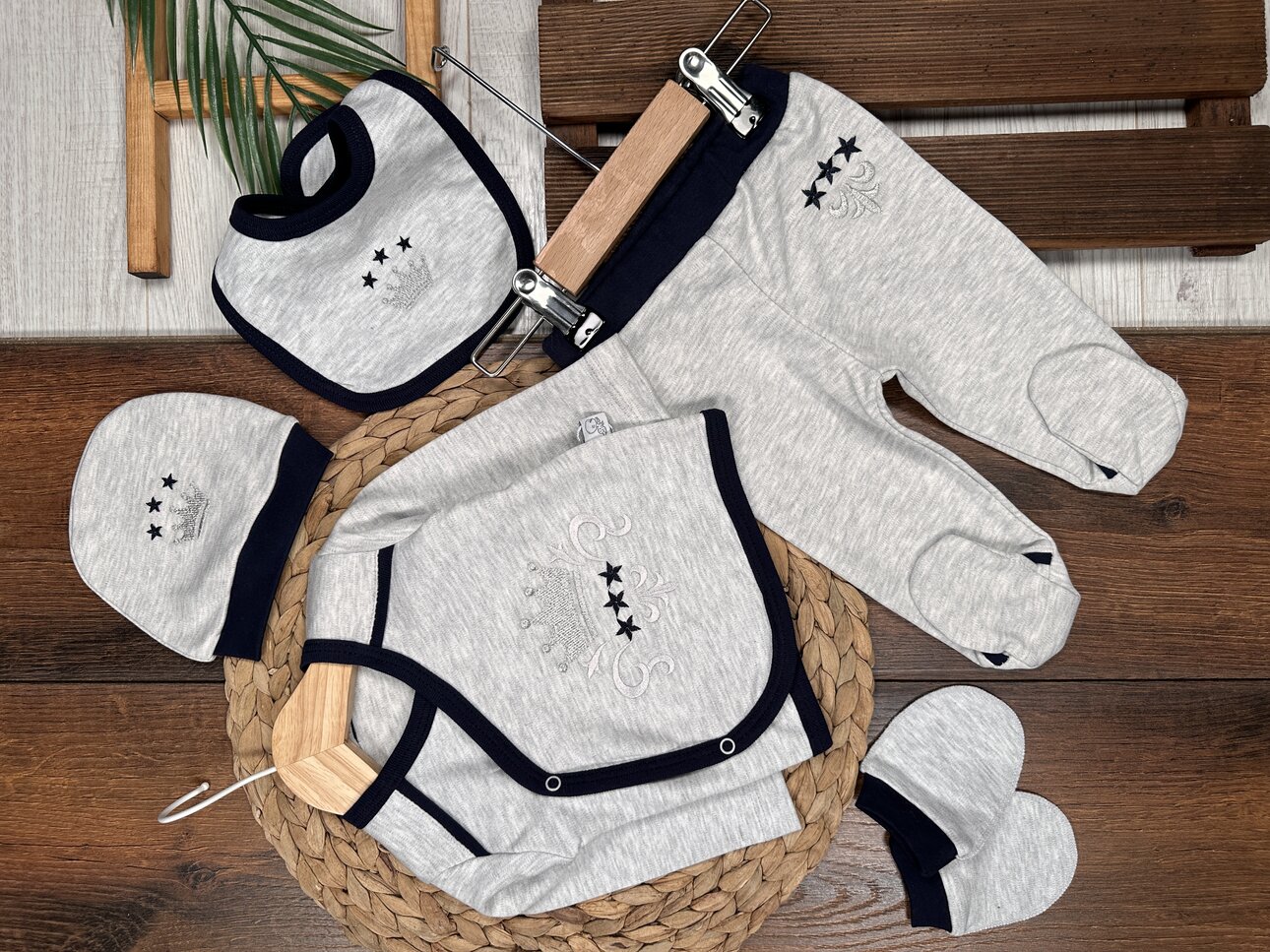 Pamuklu Taç Desenli 5li Erkek Bebek Takım