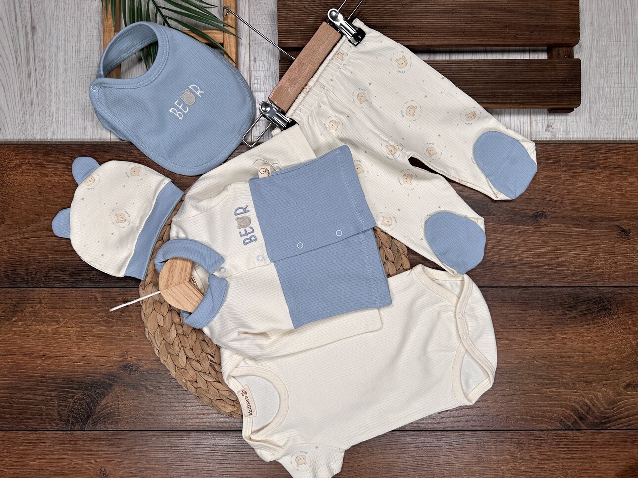 Pamuklu Ayıcık Desenli Çıtçıtlıi 5li Erkek Bebek Takım