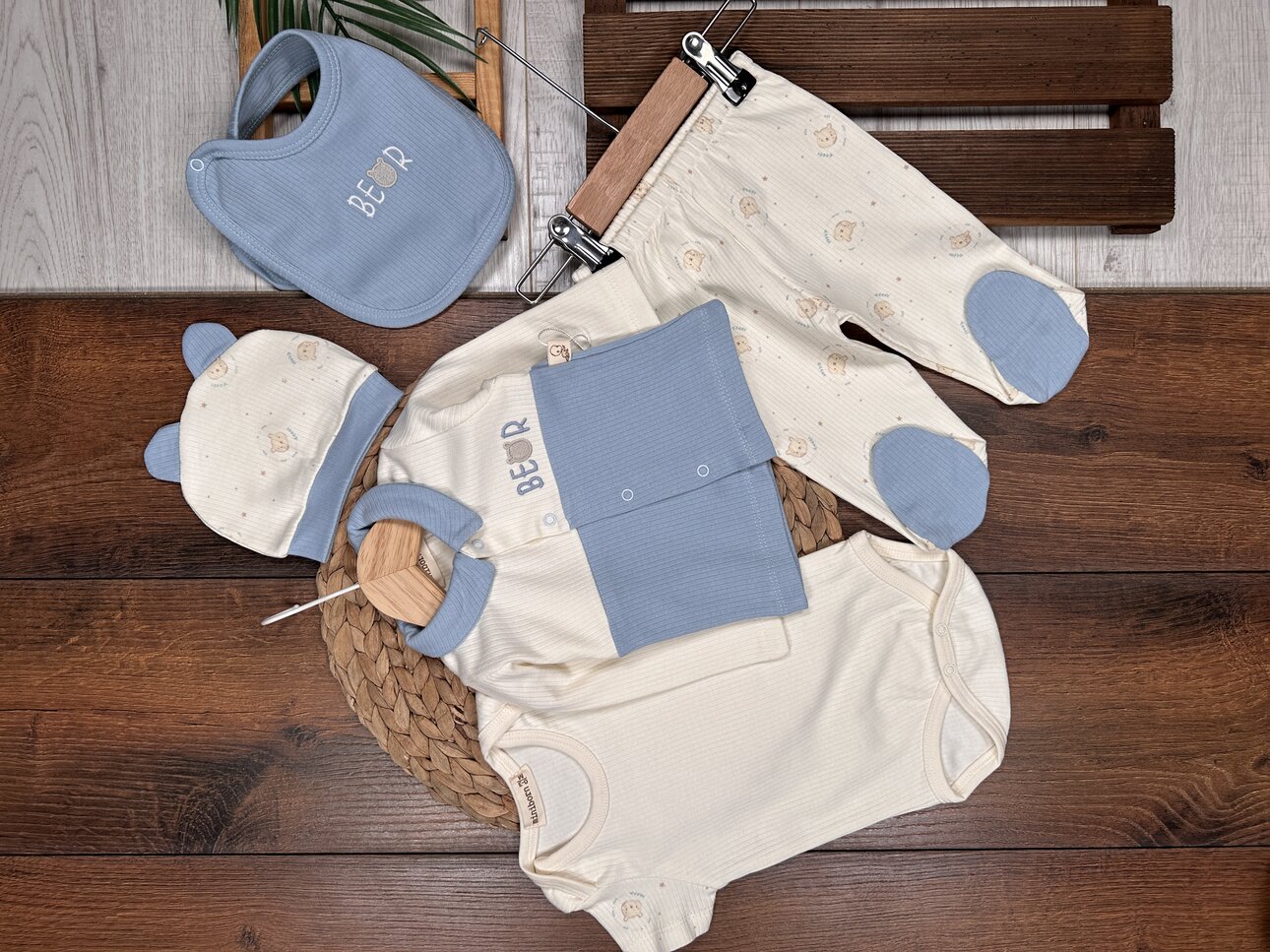 Pamuklu Ayıcık Desenli Çıtçıtlıi 5li Erkek Bebek Takım