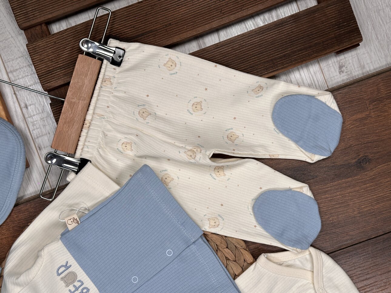 Pamuklu Ayıcık Desenli Çıtçıtlıi 5li Erkek Bebek Takım