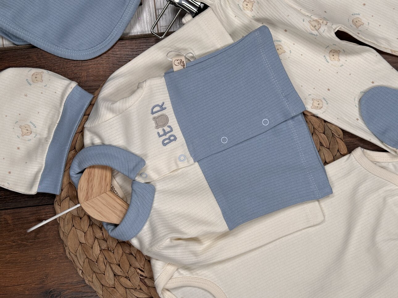 Pamuklu Ayıcık Desenli Çıtçıtlıi 5li Erkek Bebek Takım