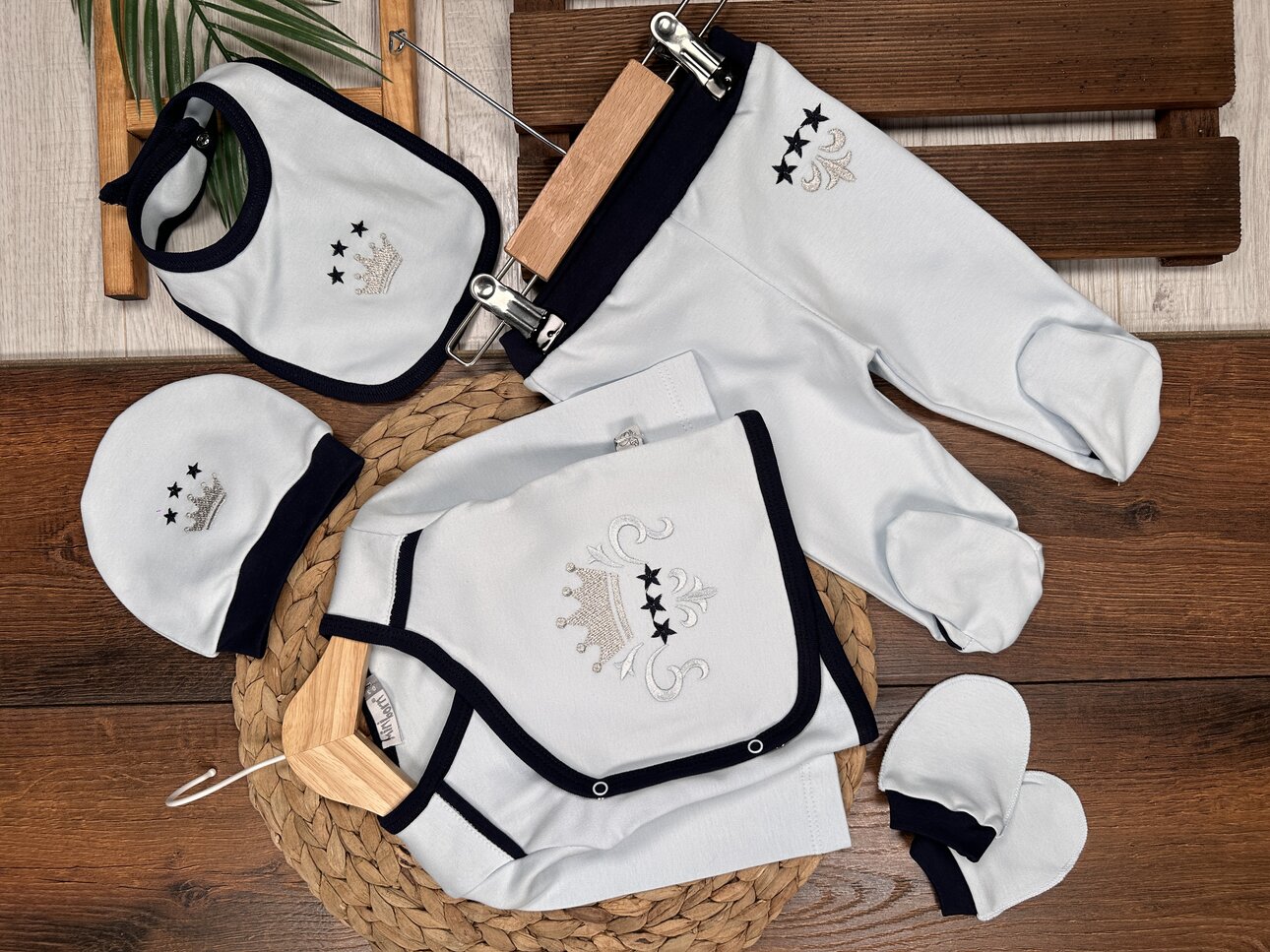 Pamuklu Taç Desenli 5li Erkek Bebek Takım