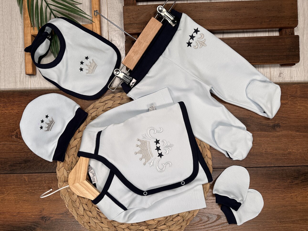 Pamuklu Taç Desenli 5li Erkek Bebek Takım