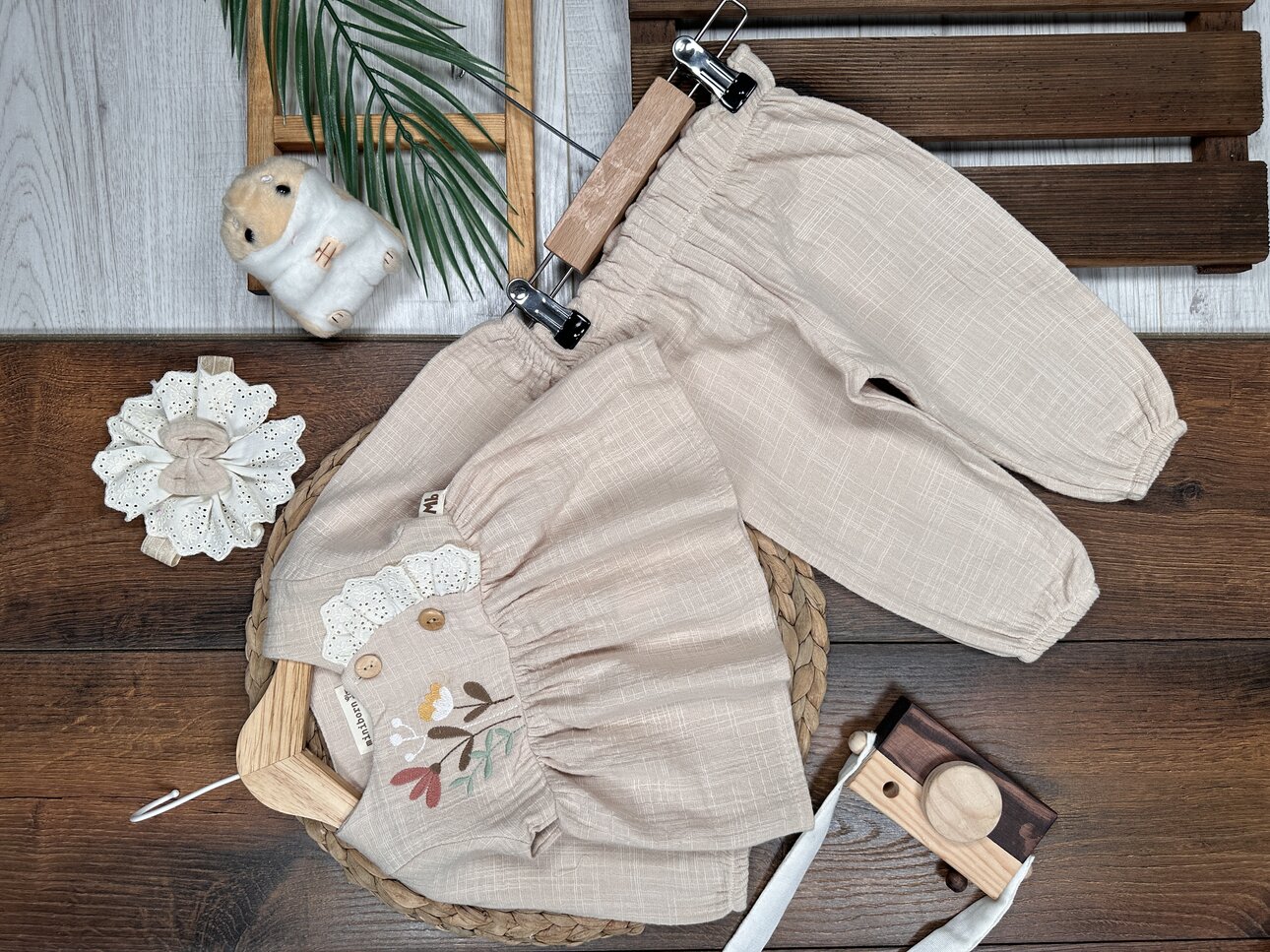 Organik Çiçek Desenli Müslin 3lü Kız Bebek Takım