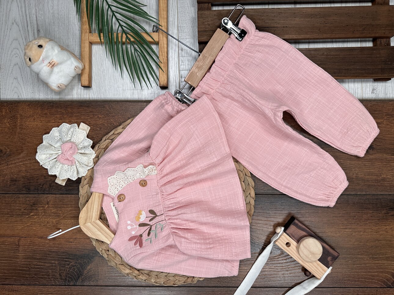 Organik Çiçek Desenli Müslin 3lü Kız Bebek Takım