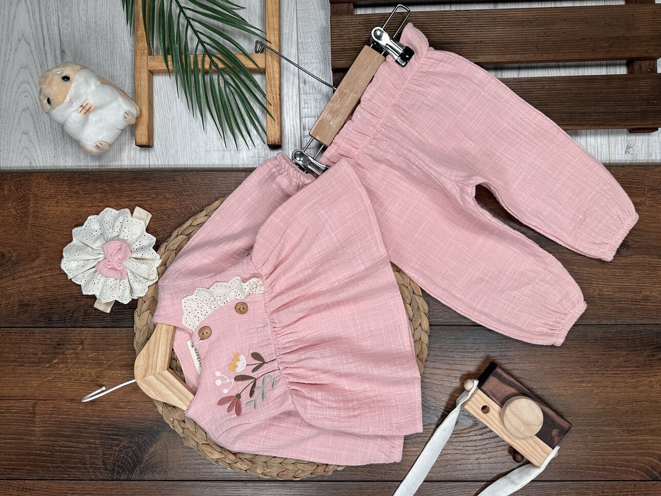 Organik Çiçek Desenli Müslin 3lü Kız Bebek Takım