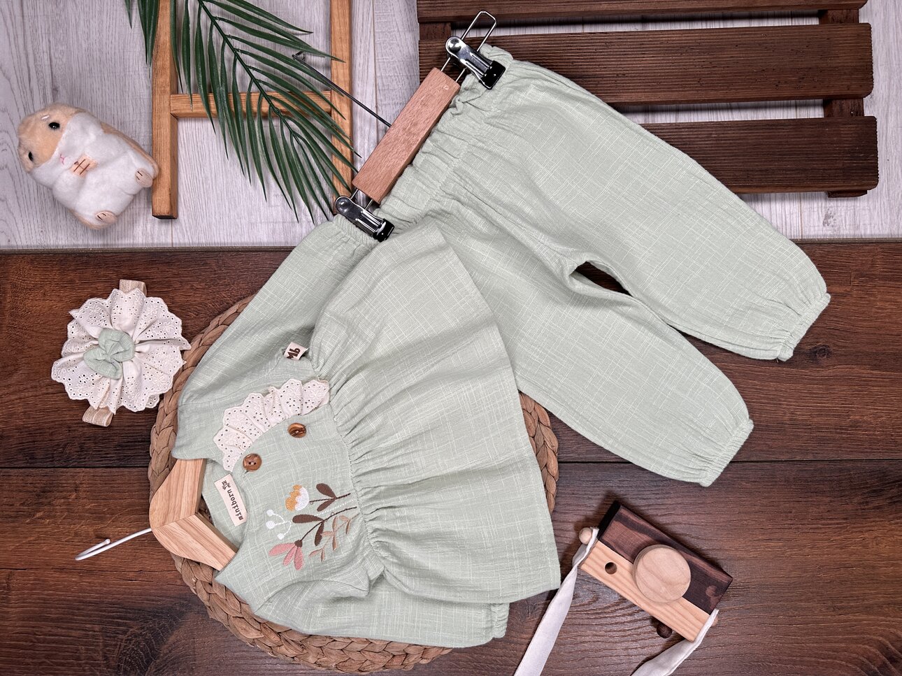 Organik Çiçek Desenli Müslin 3lü Kız Bebek Takım