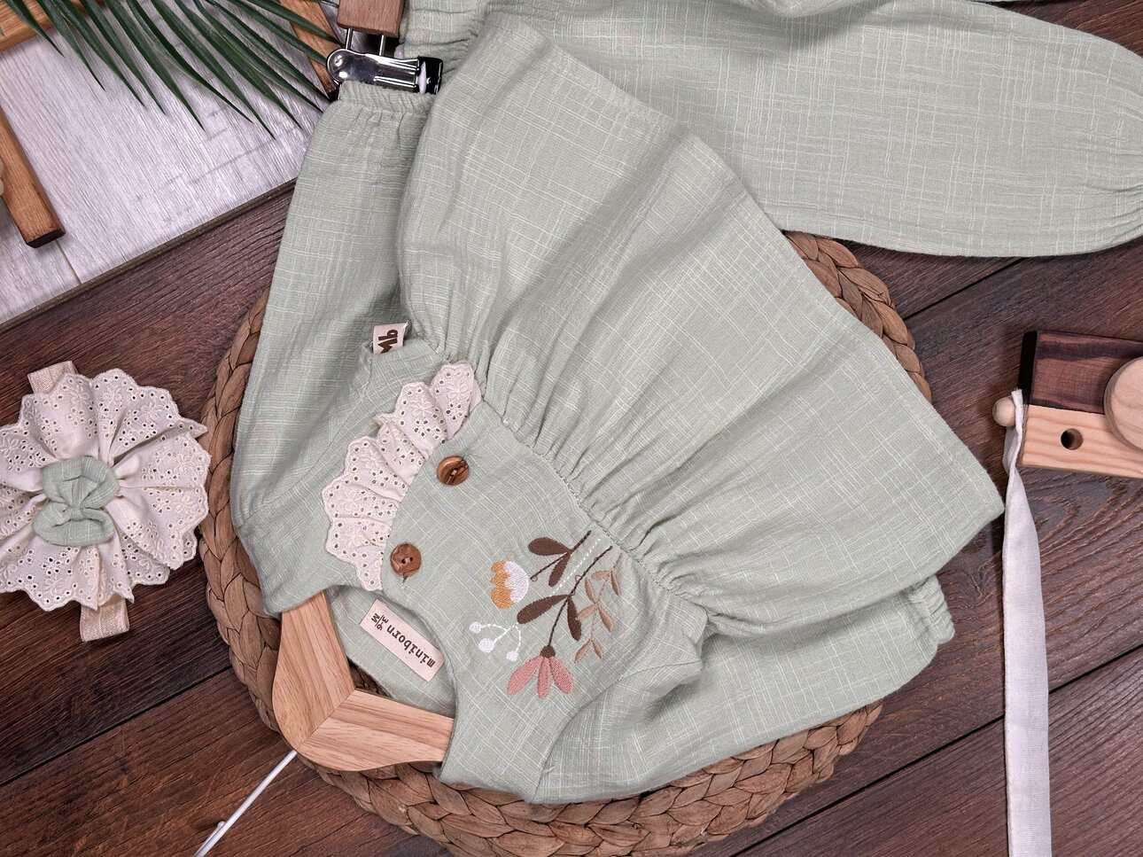 Organik Çiçek Desenli Müslin 3lü Kız Bebek Takım