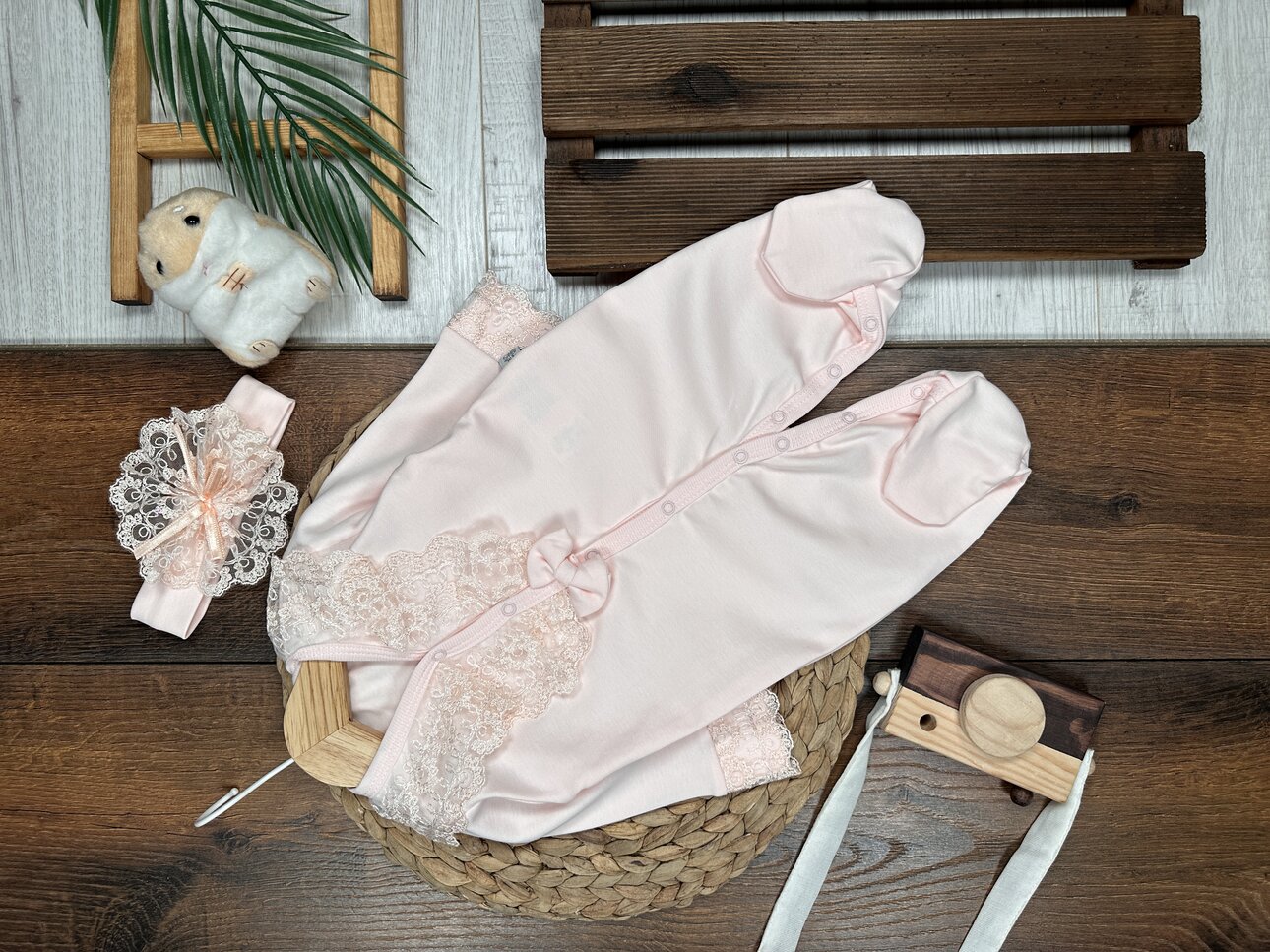 Pamuklu Dantel Detaylı Bandanalı 2 li Tulum Kız Bebek Takım