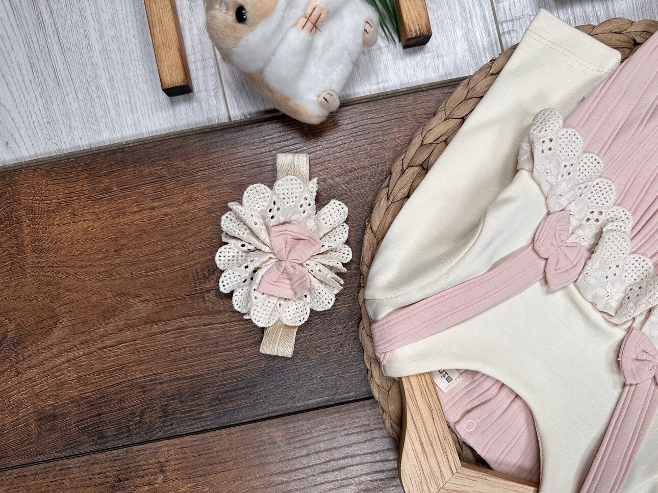 Pamuklu Dantel ve Fiyonk Detaylı 2li Tulum Kız Bebek Takım