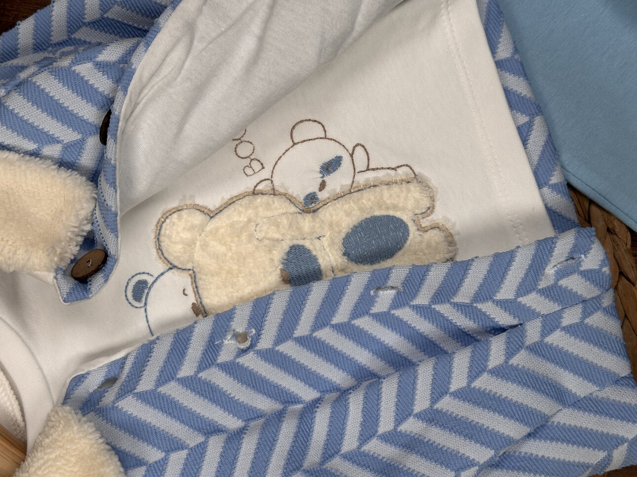 Pamuklu Peluş Yaka Detaylı Hırkalı 3lu Erkek Bebek Takım