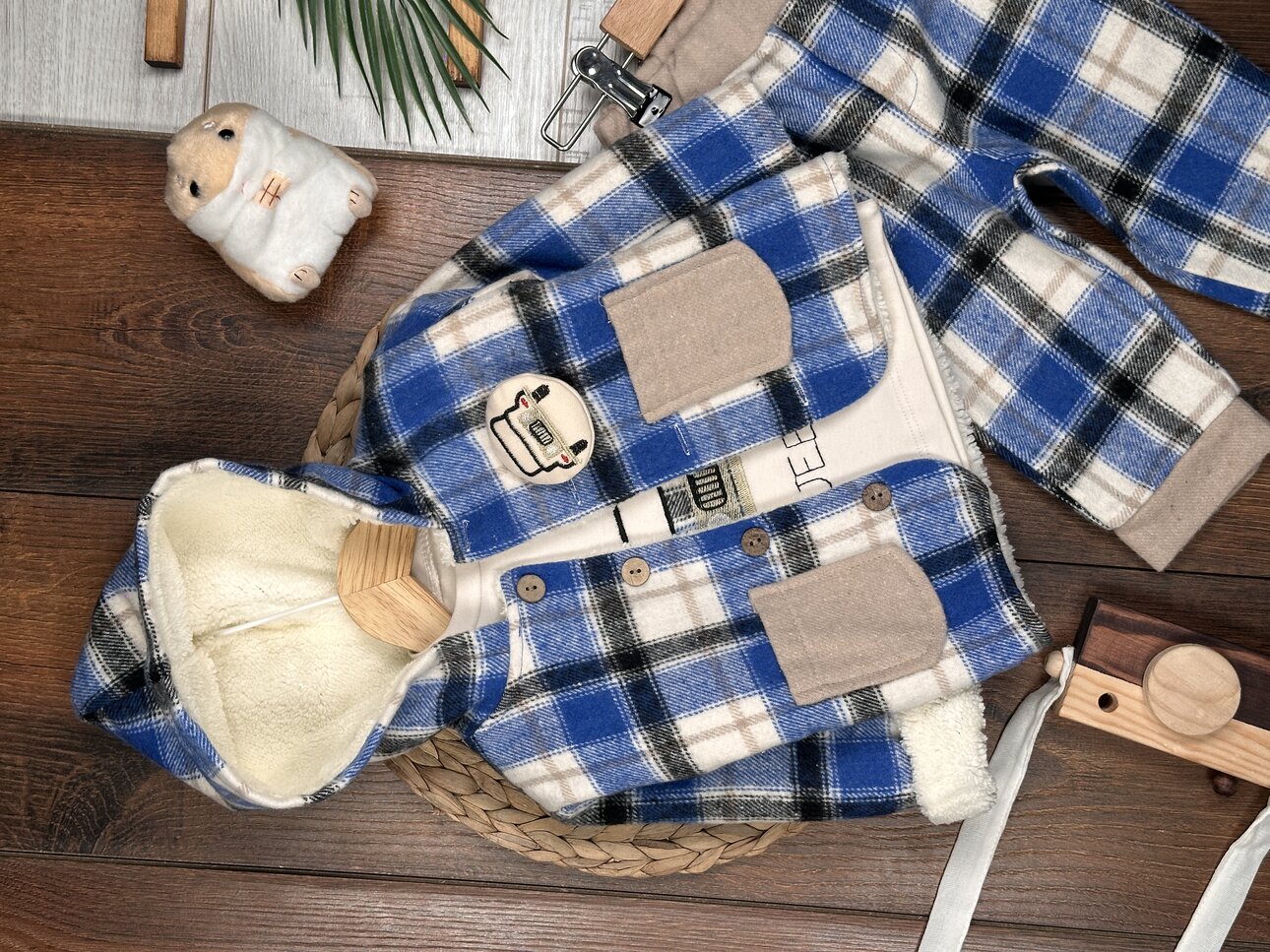 Pamuklu Kareli Sıcacık Erkek Bebek 3lu Takım