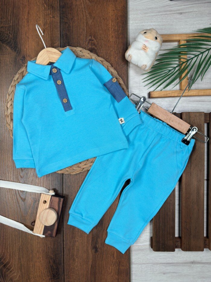 Pamuk Düğme Detaylı Erkek Bebek 2li Takım