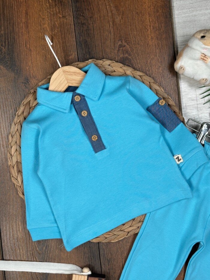 Pamuk Düğme Detaylı Erkek Bebek 2li Takım