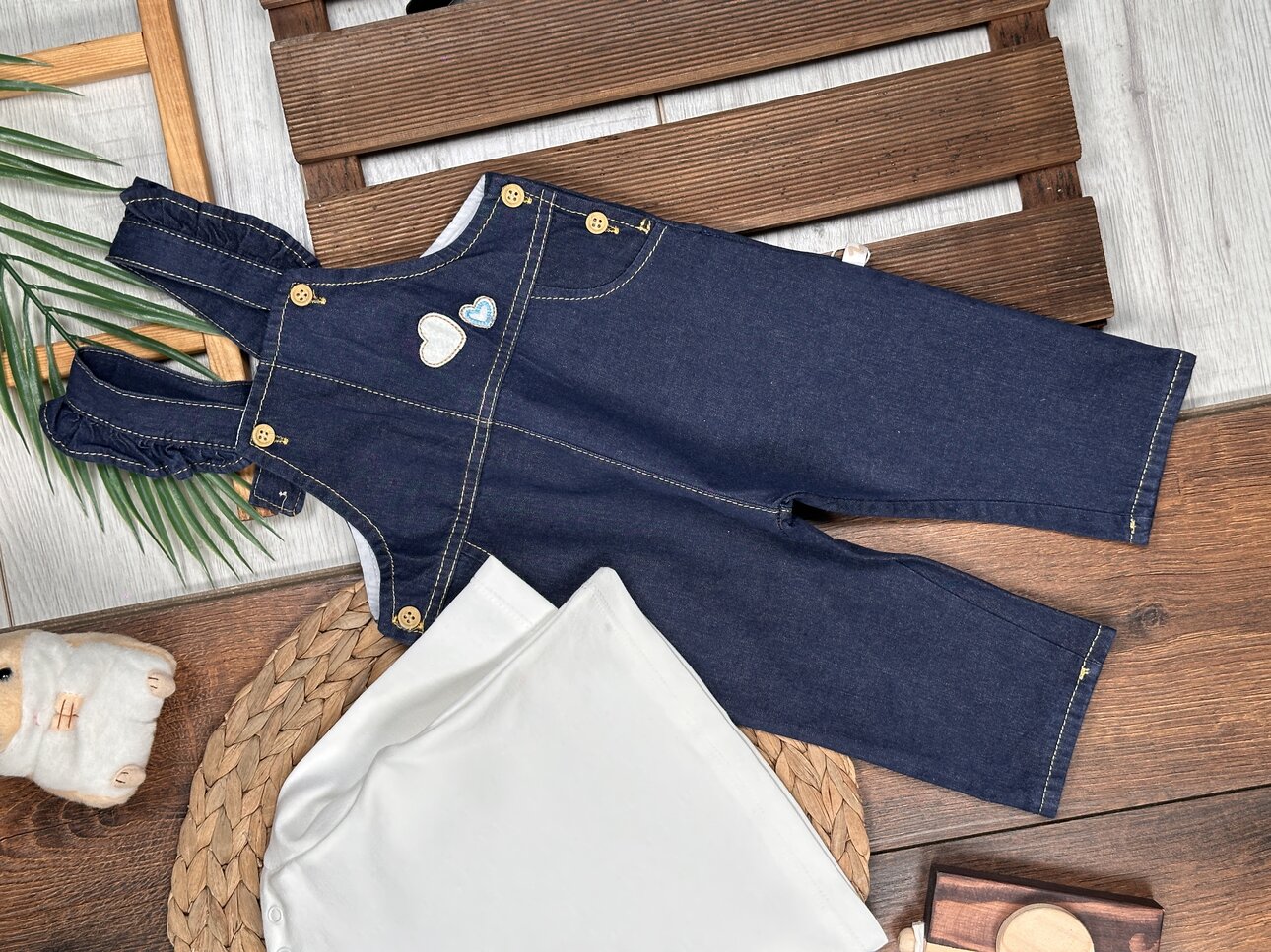 Pamuklu Kalp Detaylı Tulum  2li Kız Bebek Takım