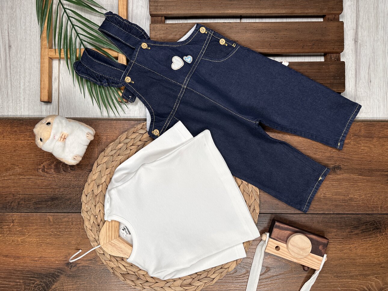 Pamuklu Kalp Detaylı Tulum  2li Kız Bebek Takım