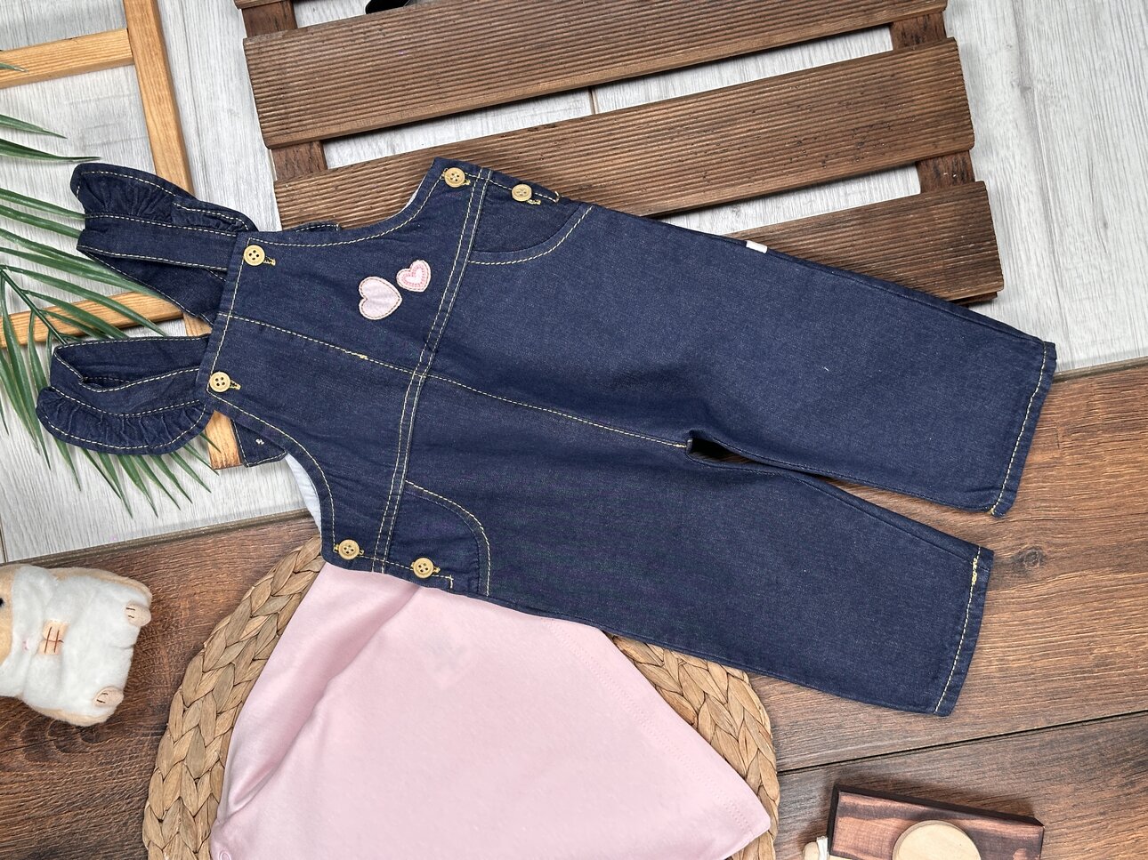 Pamuklu Kalp Detaylı Tulum  2li Kız Bebek Takım