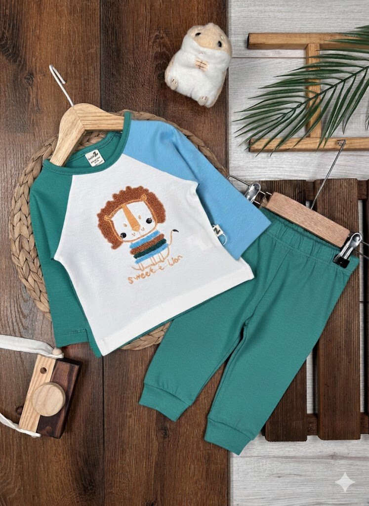 Pamuk Sevimli Aslan Desenli Erkek Bebek 2li Takım