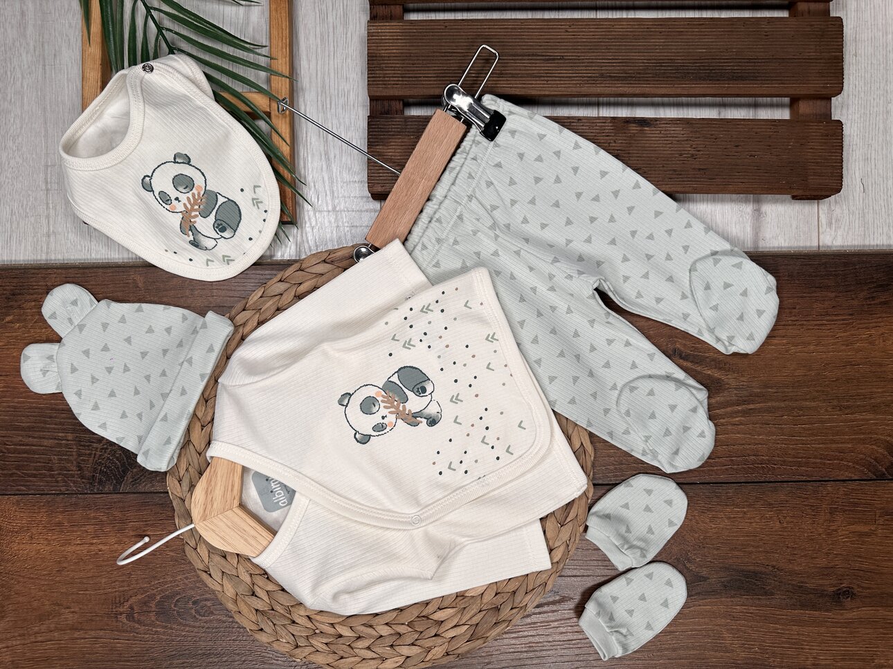 Pamuk Panda Desenli Erkek Bebek 5li Hastane Çıkışı