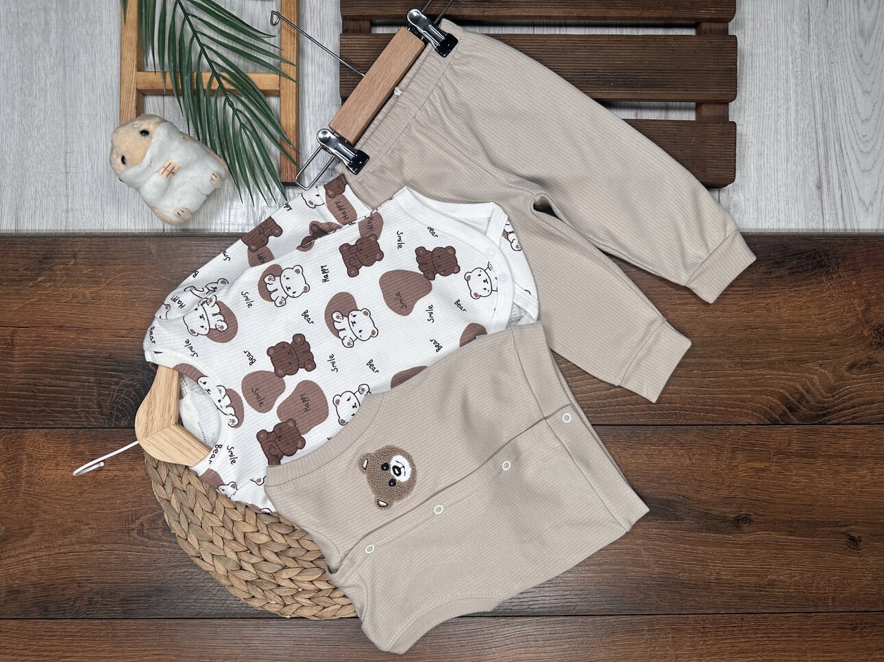 Pamuklu  Ayıcık Desenli 3lü Erkek Bebek Takım