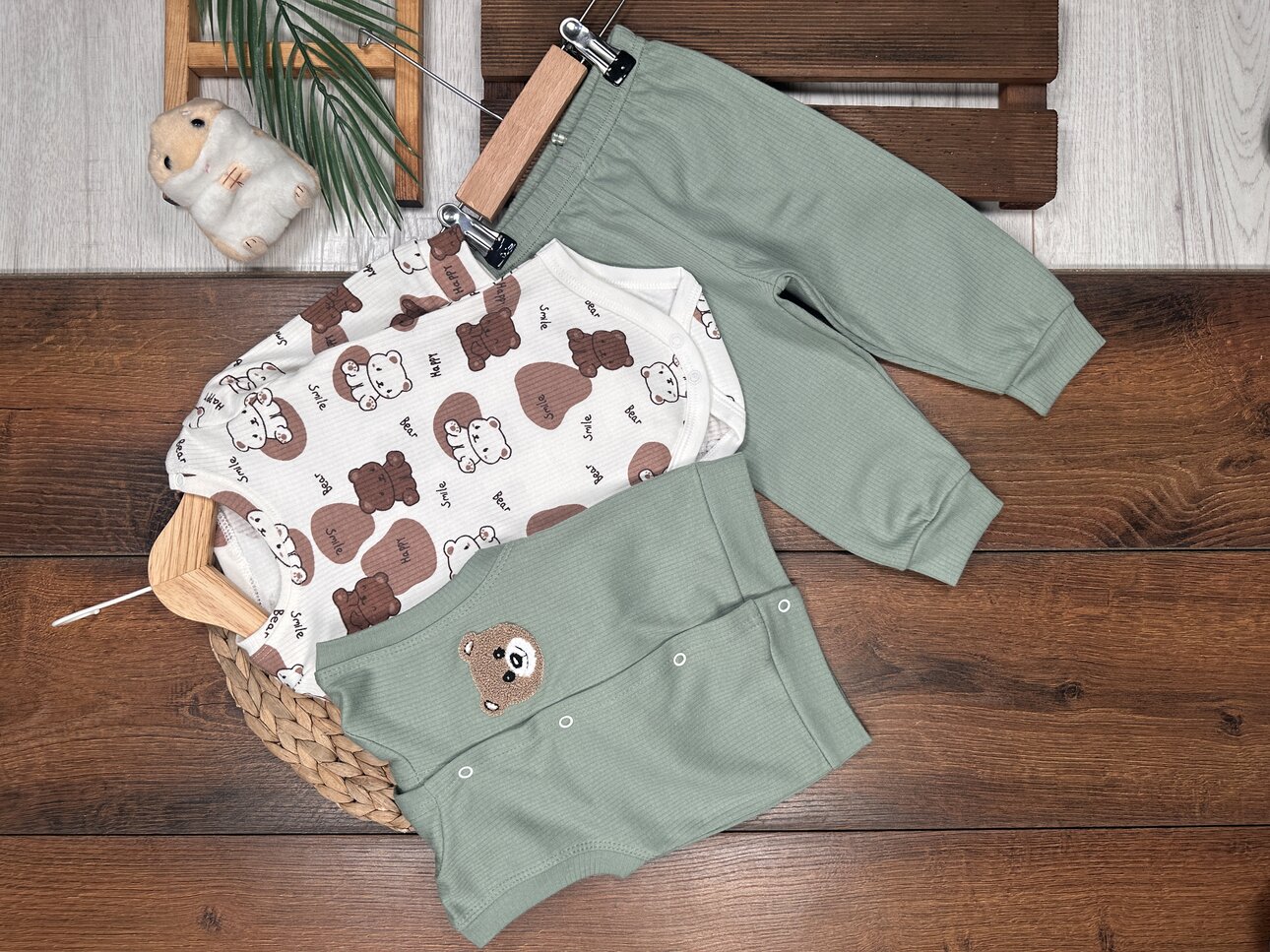 Pamuklu  Ayıcık Desenli 3lü Erkek Bebek Takım