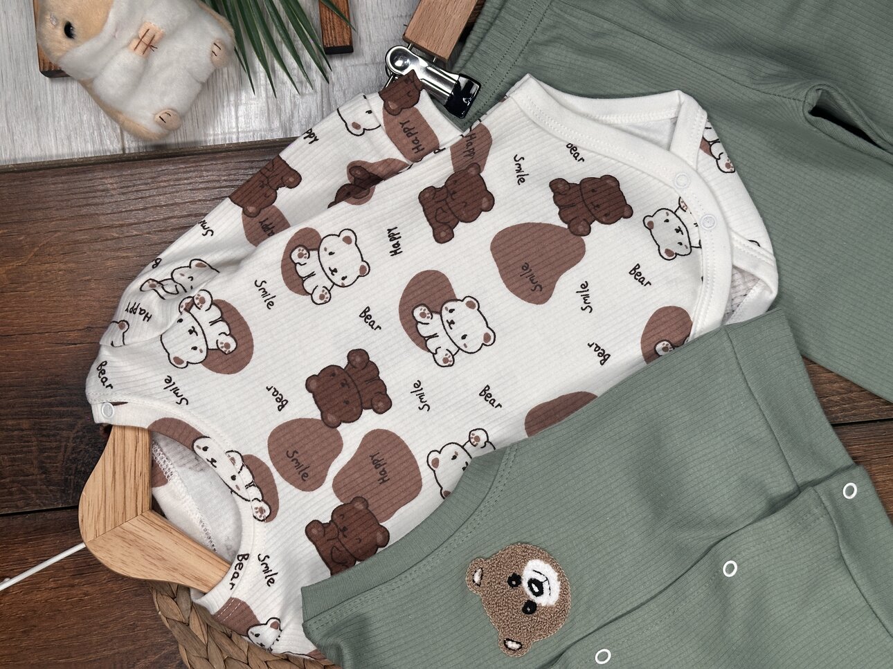 Pamuklu  Ayıcık Desenli 3lü Erkek Bebek Takım