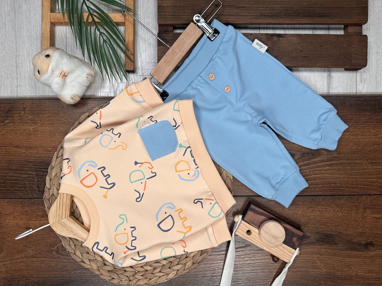 Pamuklu Fil Detaylı 2li Erkek Bebek Takım