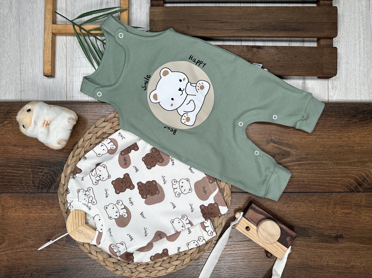 Pamuklu Ayıcık Detaylı 2li Tulum Erkek Bebek Takım