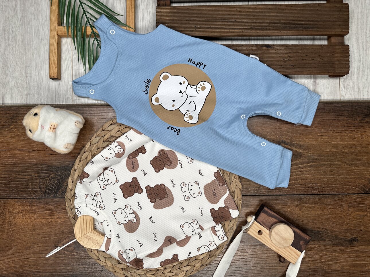 Pamuklu Ayıcık Detaylı 2li Tulum Erkek Bebek Takım