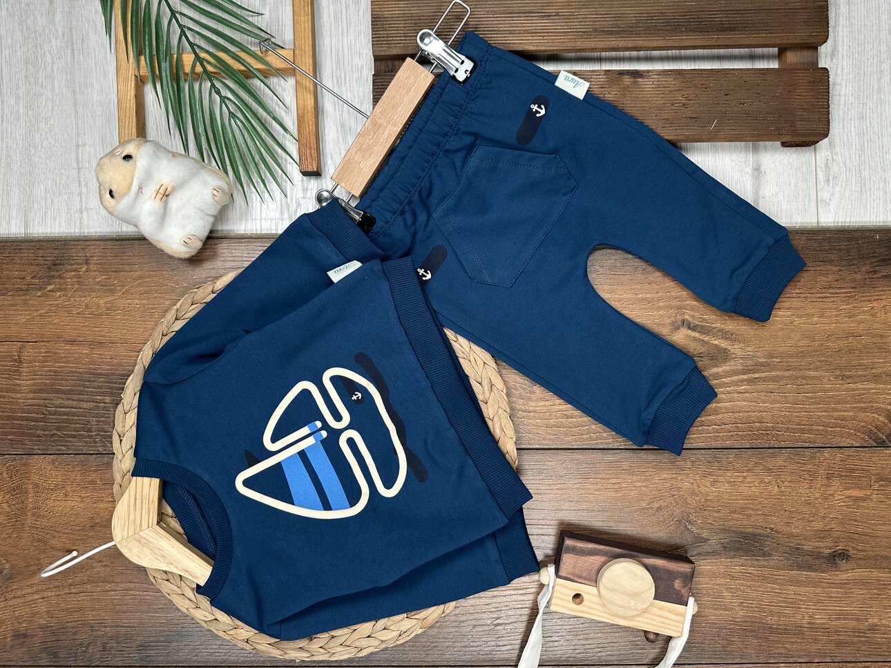 Pamuklu Yelken Detaylı Kanguru Cepli 2li Erkek Bebek Takım