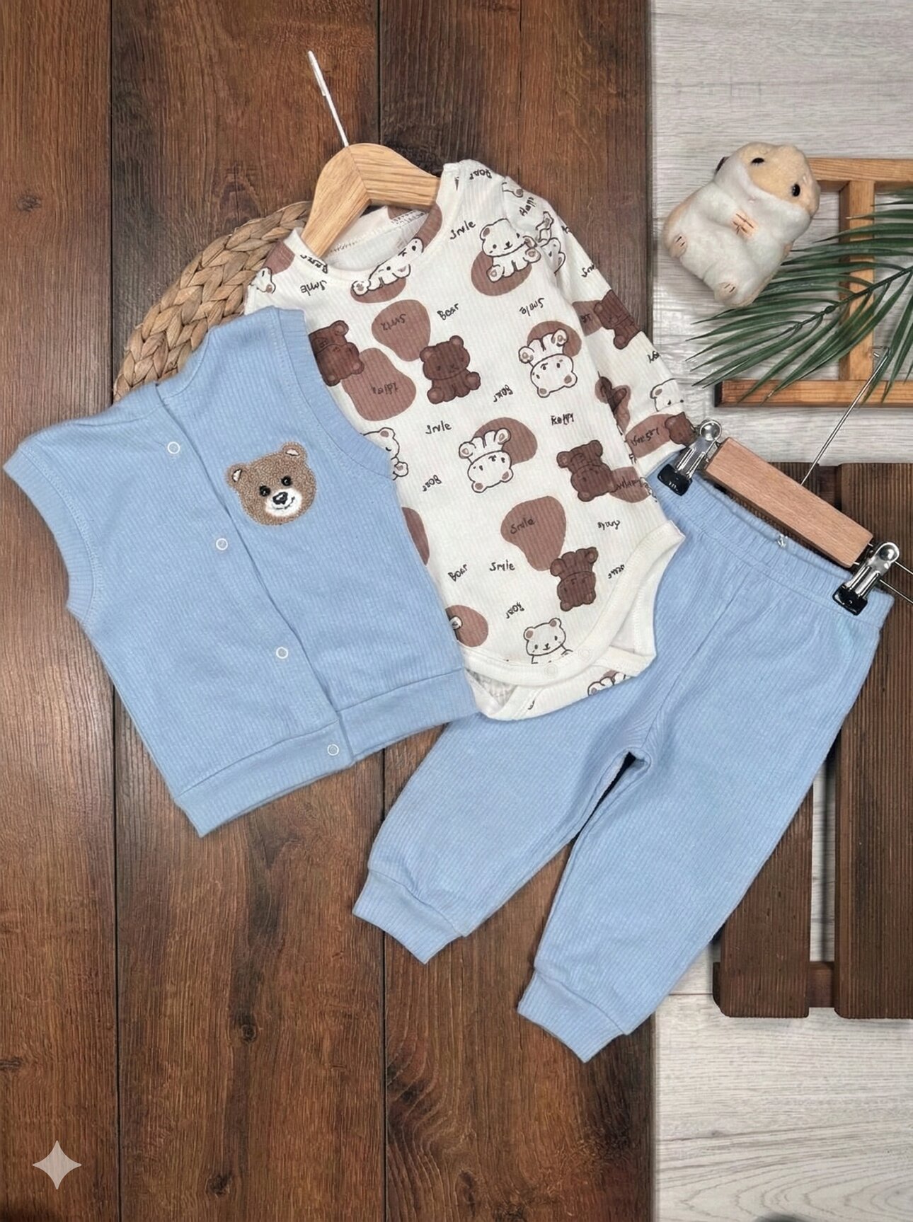 Pamuk Ayıcık Desenli 3lü Erkek Bebek Takım