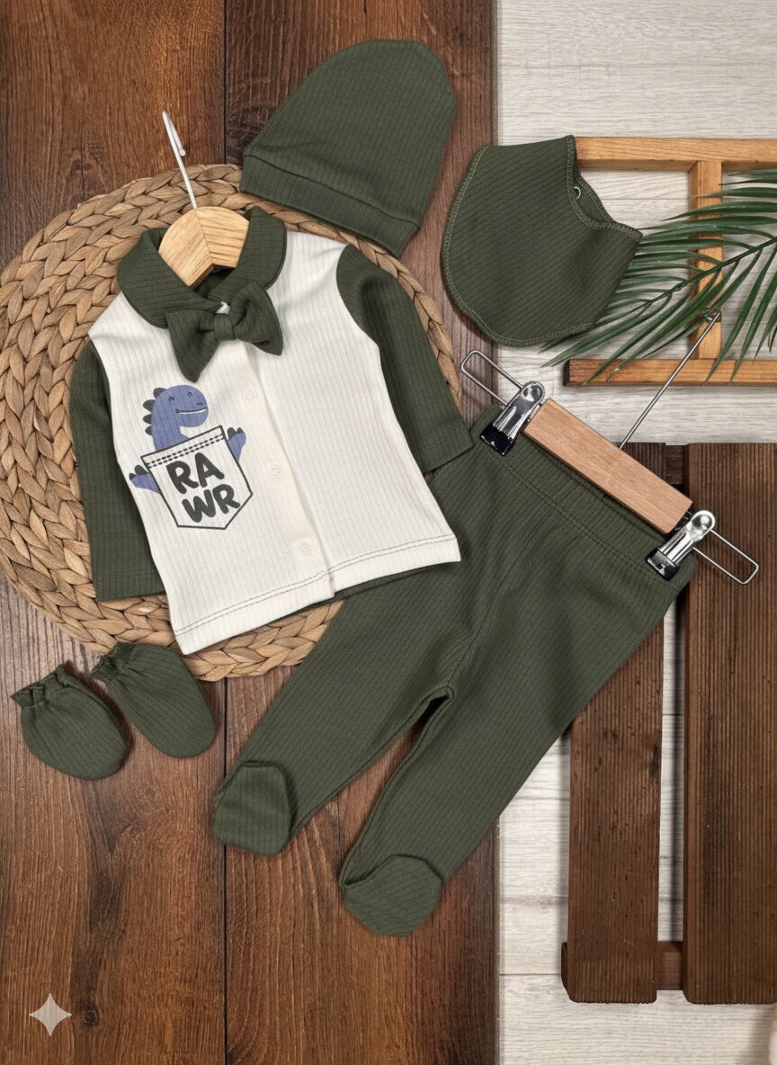 Pamuklu Papyon Detaylı Erkek Bebek 5li Hastane Çıkışı