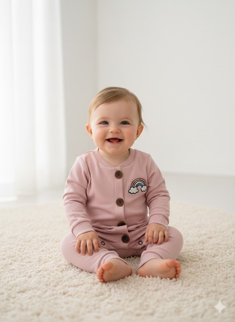 Pamuklu Düğmeli  Gökkuşağı Detaylı Tulum Kız Bebek Takım