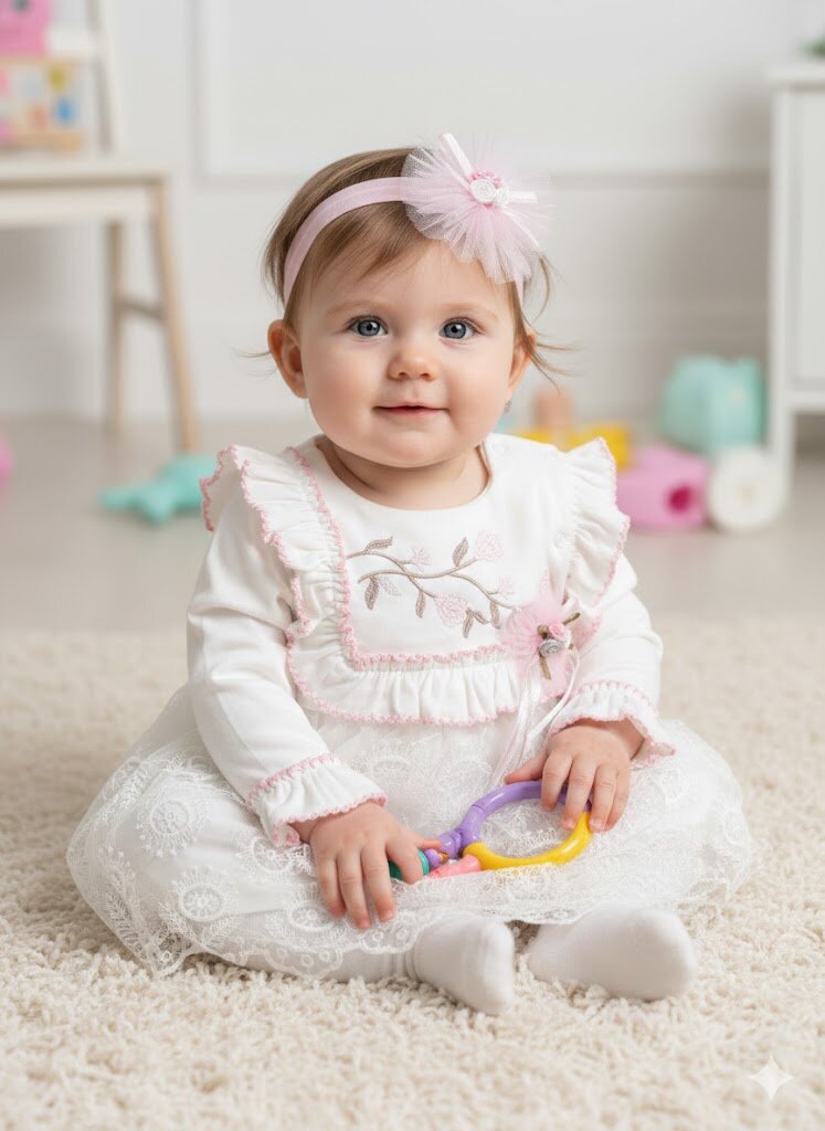 Pamuklu Çiçek Nakışlı  Bandanalı Kız Bebek Elbise