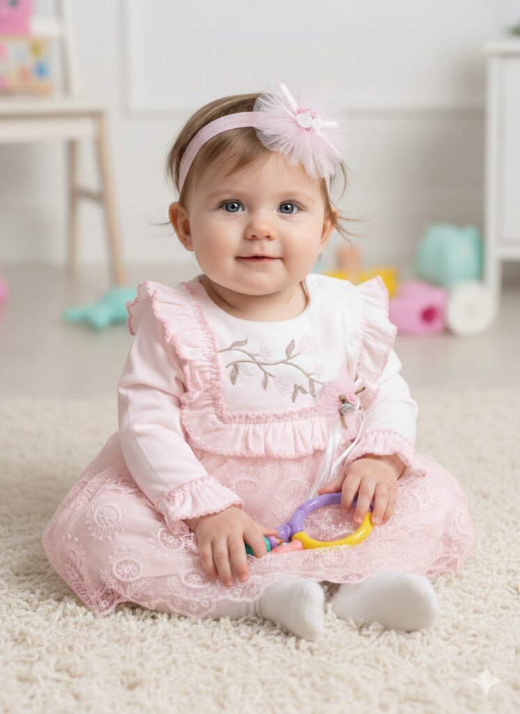 Pamuklu Çiçek Nakışlı  Bandanalı Kız Bebek Elbise