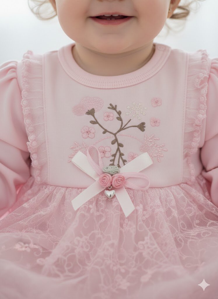 Pamuklu Çiçek Nakışlı  Bandanalı Kız Bebek Elbise