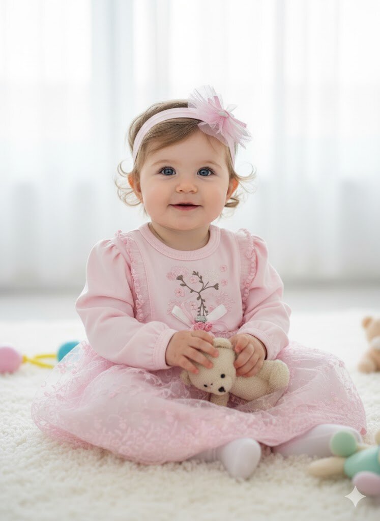 Pamuklu Çiçek Nakışlı  Bandanalı Kız Bebek Elbise