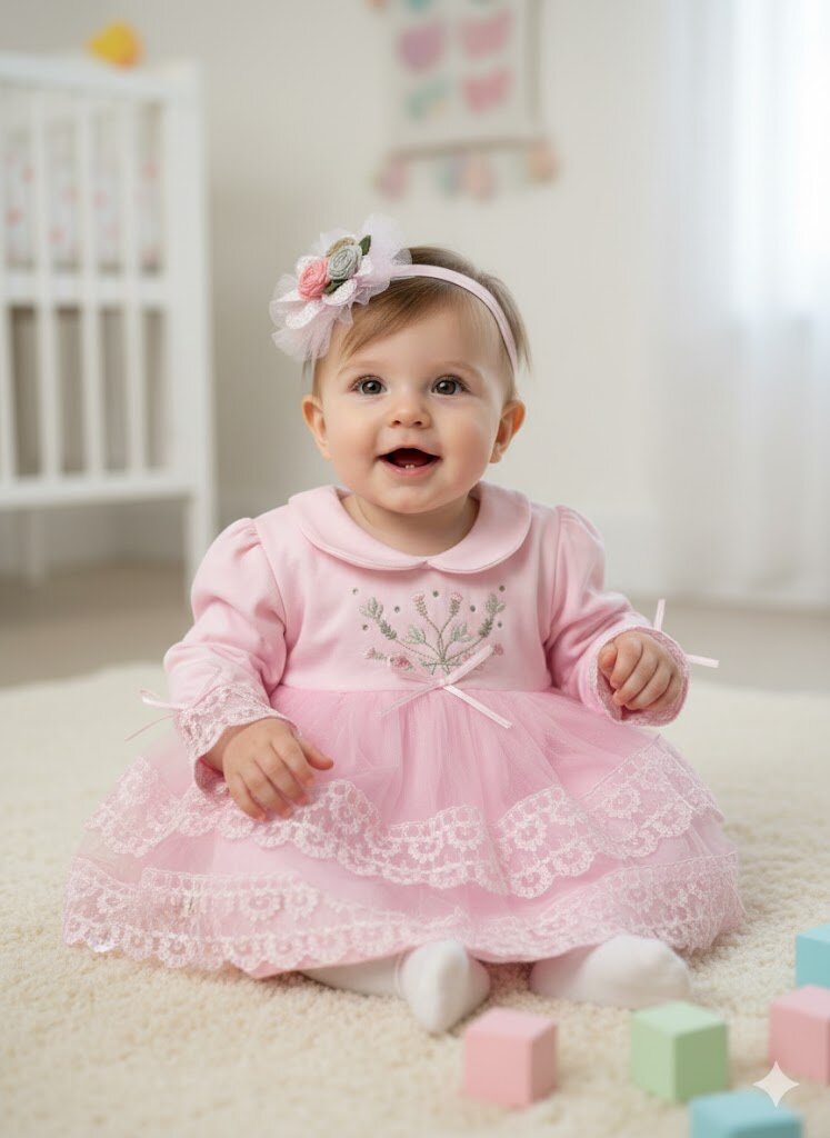 Pamuklu Çiçek Nakışlı  Bandanalı Kız Bebek Elbise