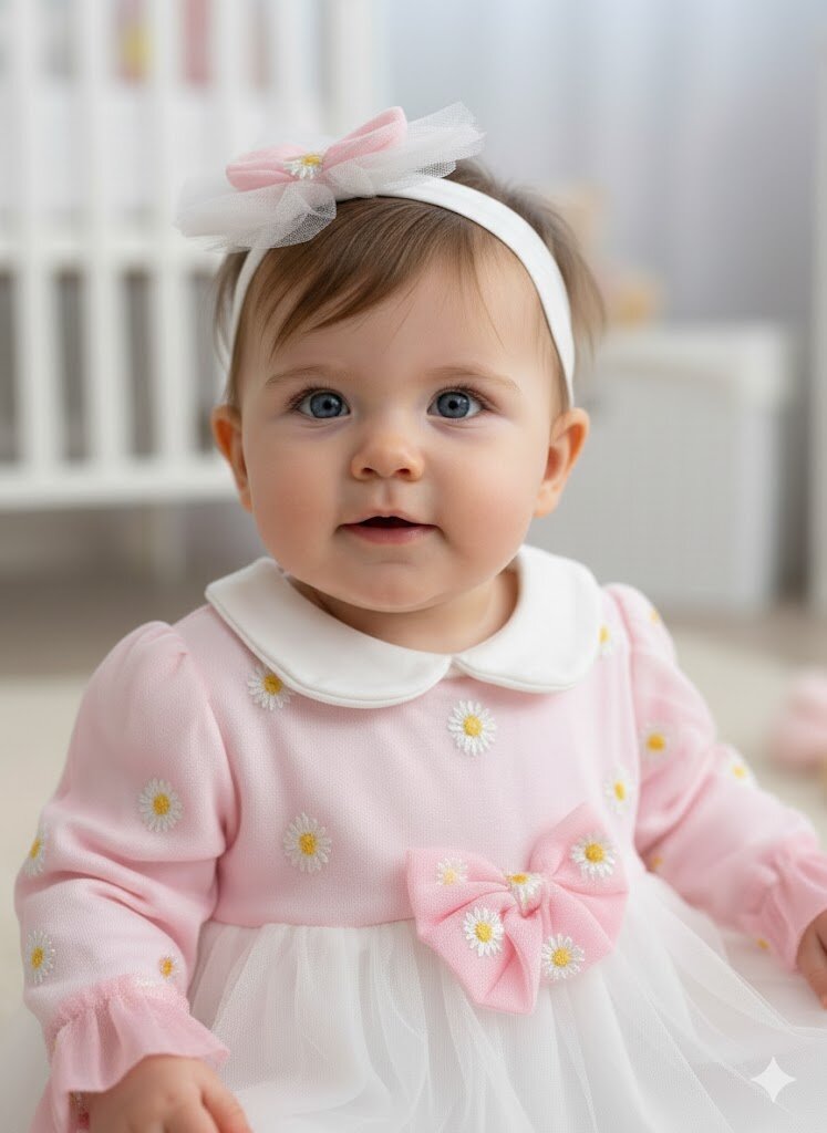 Pamuklu Papatya Detaylı Bandanalı Kız Bebek Elbise