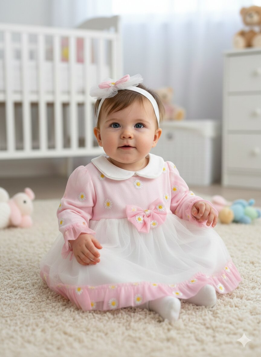 Pamuklu Papatya Detaylı Bandanalı Kız Bebek Elbise