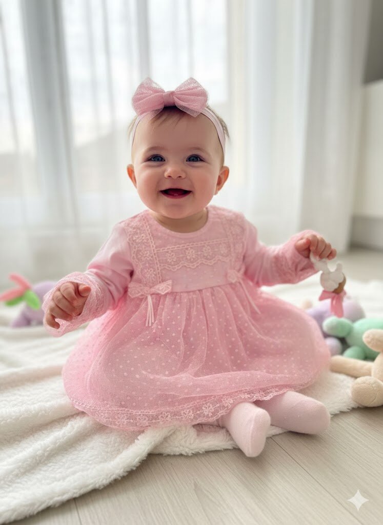 Pamuklu Tül Detaylı Bandanalı Kız Bebek Elbise