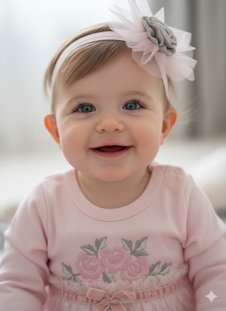 Pamuklu Çiçek Nakışlı  Bandanalı Kız Bebek Elbise