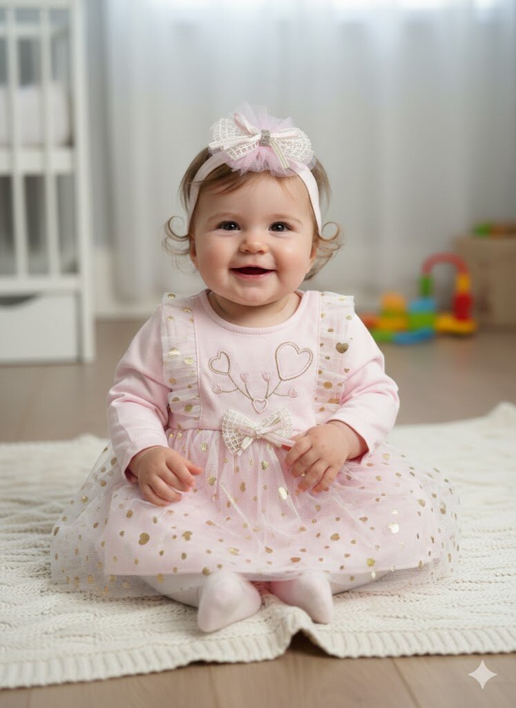 Pamuklu Tül Detaylı Bandanalı Kız Bebek Elbise