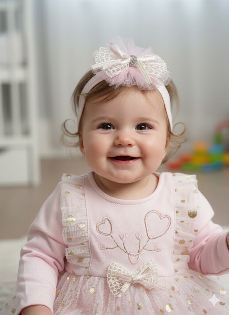 Pamuklu Tül Detaylı Bandanalı Kız Bebek Elbise