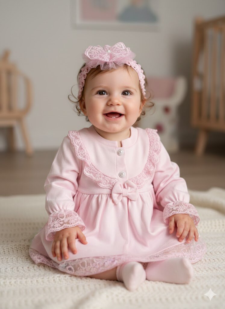 Pamuklu Dantel Detaylı Bandanalı Kız bebek Elbise