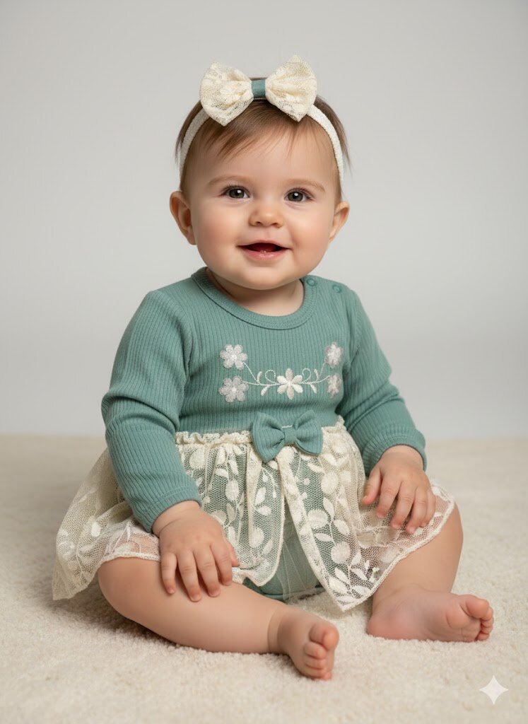 Organik Çiçek Nakışlı Kız Bebek 2li Takım