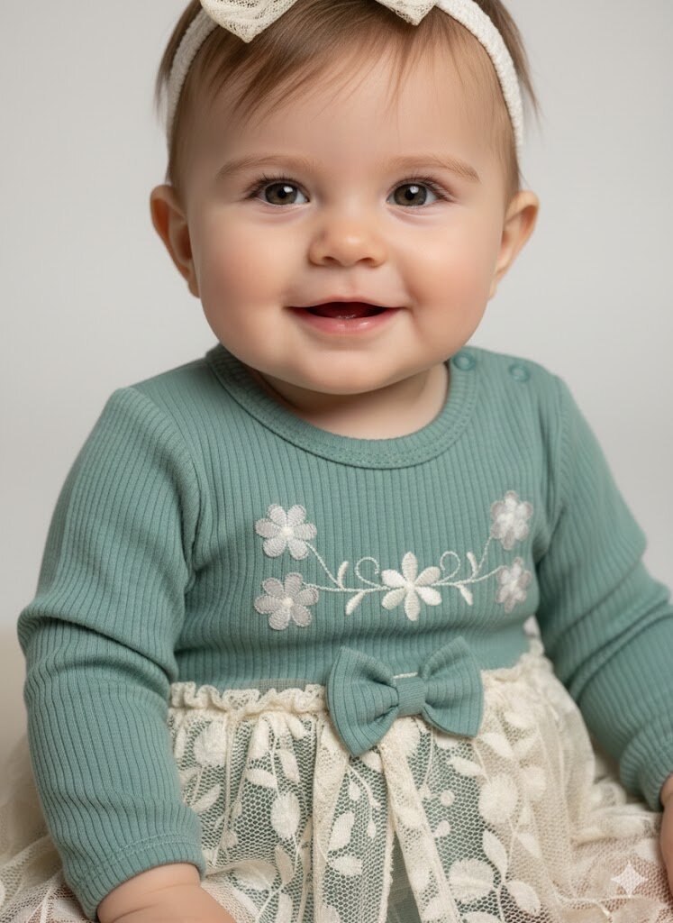 Pamuklu Çiçek işlemeli Tül Detaylı Kız Bebek Elbise