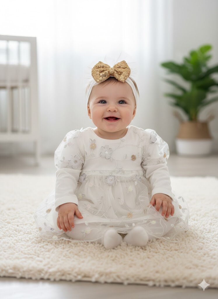 Pamuklu Tül Detaylı Bandanalı Kız Bebek Elbise